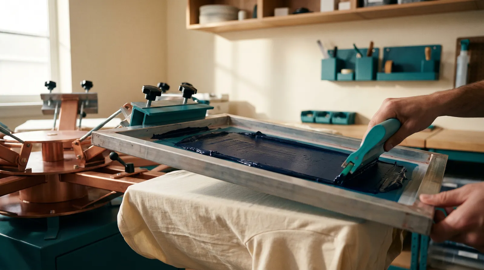 Screen printing press setting up ink colors for a custom t-shirt order at DDESIGNS in Springfield, MO