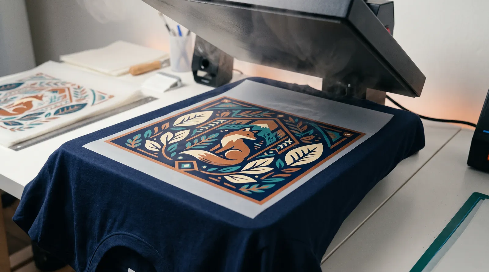 DTF printing process on custom shirts at DDESIGNS in Springfield, MO