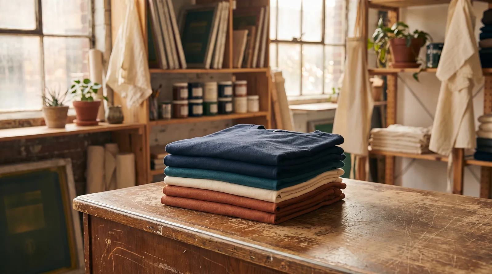 A stack of freshly printed custom t-shirts in navy, teal, ivory, and copper on the DDESIGNS shop counter