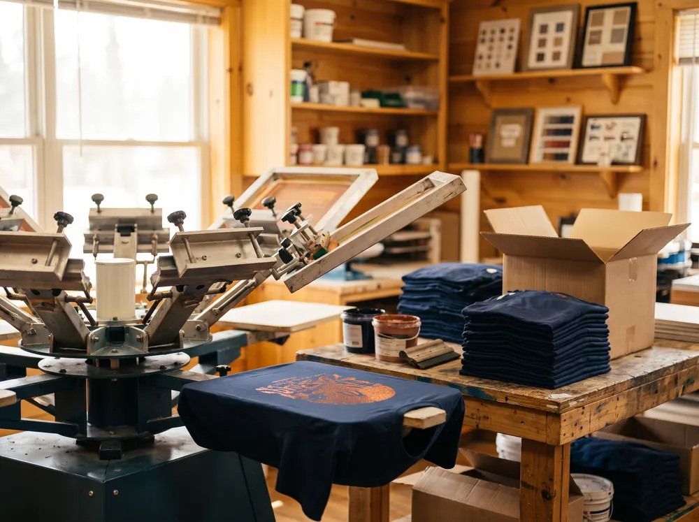 A carousel screen printing press mid-run at DDESIGNS in Springfield, MO, beside stacks of folded navy shirts and a shipping box