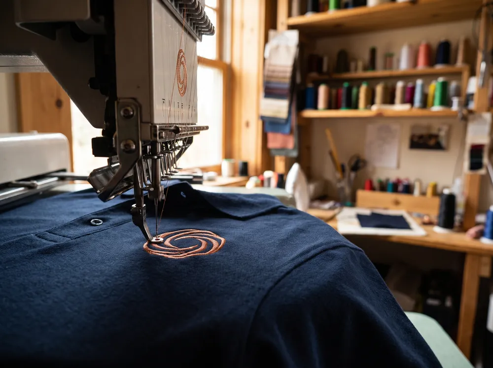 A DDESIGNS embroidery machine stitching a copper emblem on the chest of a navy polo