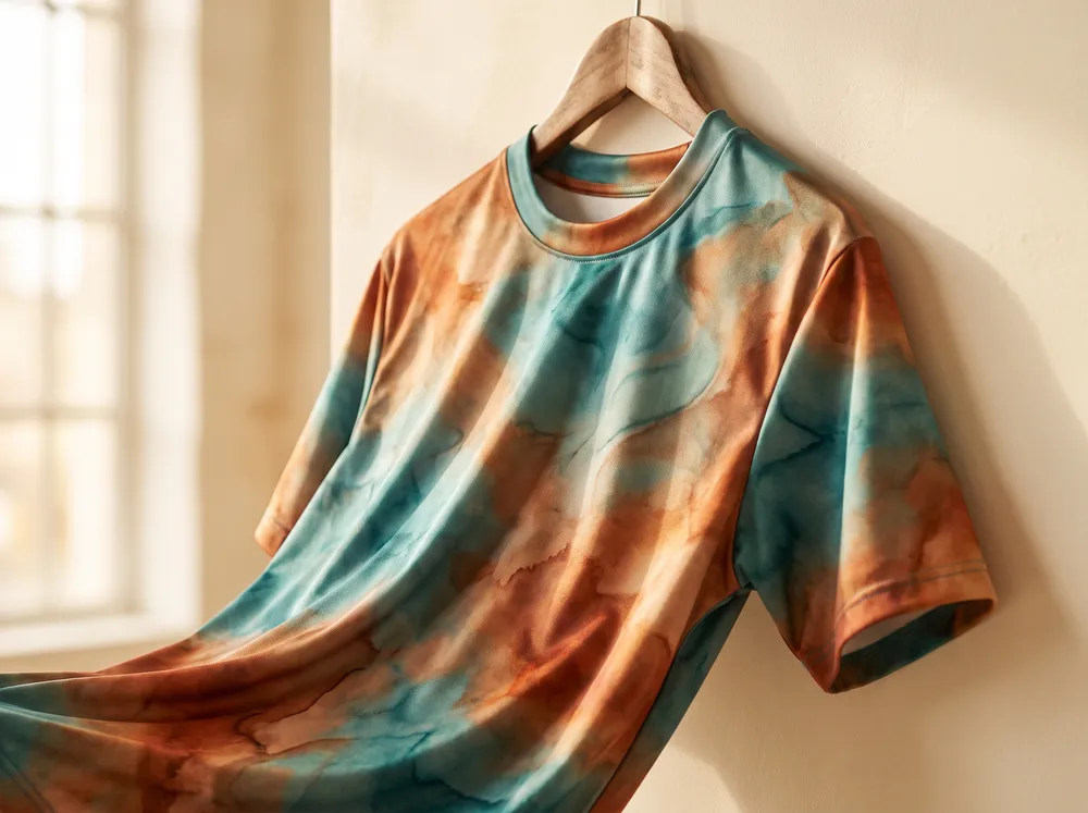 An all-over sublimation printed jersey with a flowing teal and copper pattern hanging in the DDESIGNS studio